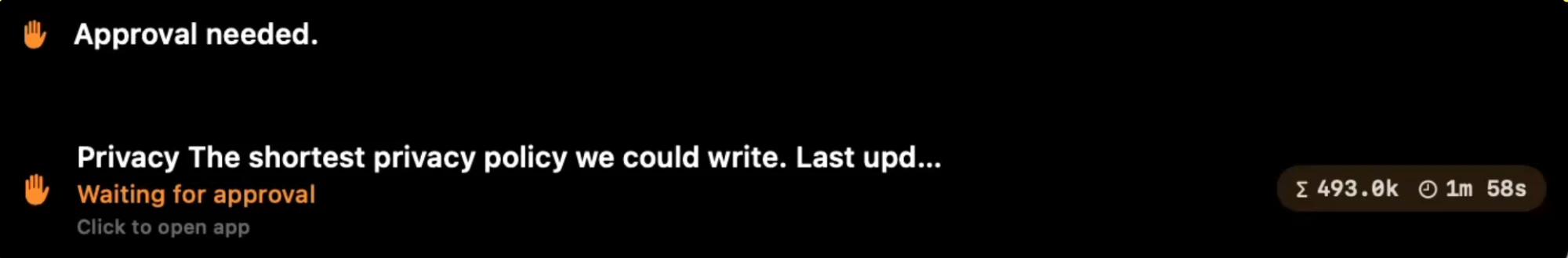 SnitchPet Mac notch showing an Approval needed prompt with token and time tally