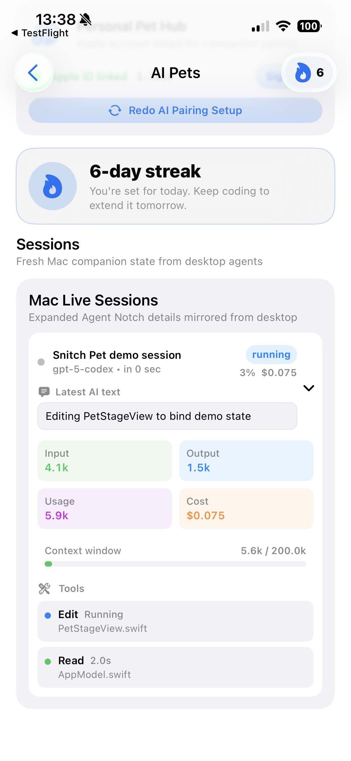 SnitchPet AI Pets screen with 6-day streak and the Mac Live Sessions panel showing live tokens, cost, and tool calls