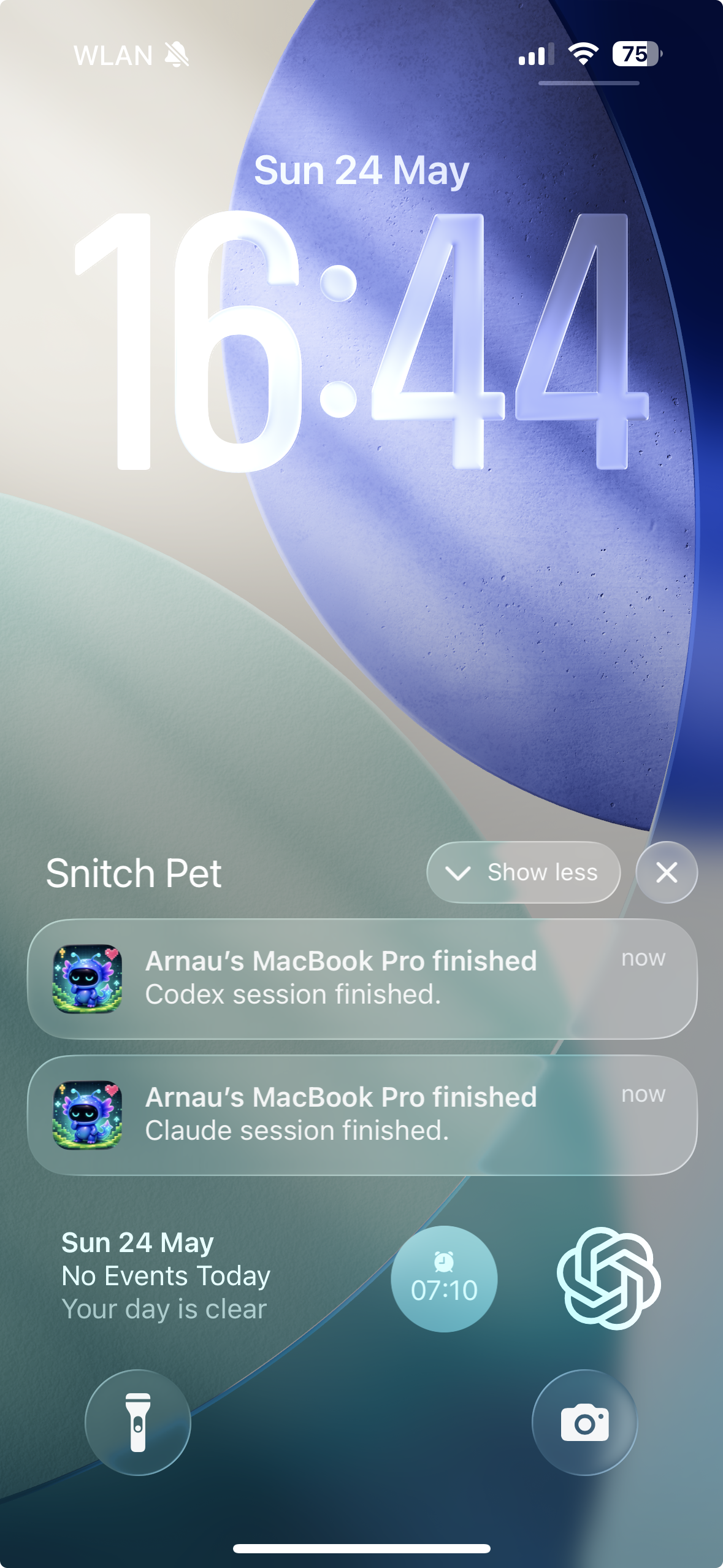 SnitchPet lock screen with Codex and Claude session finished notifications
